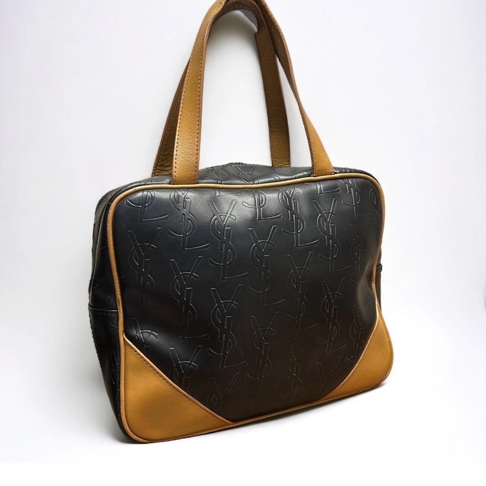 Yves Saint Laurent Black Embossed Monogram Cassandra Tote with Tan leather trim